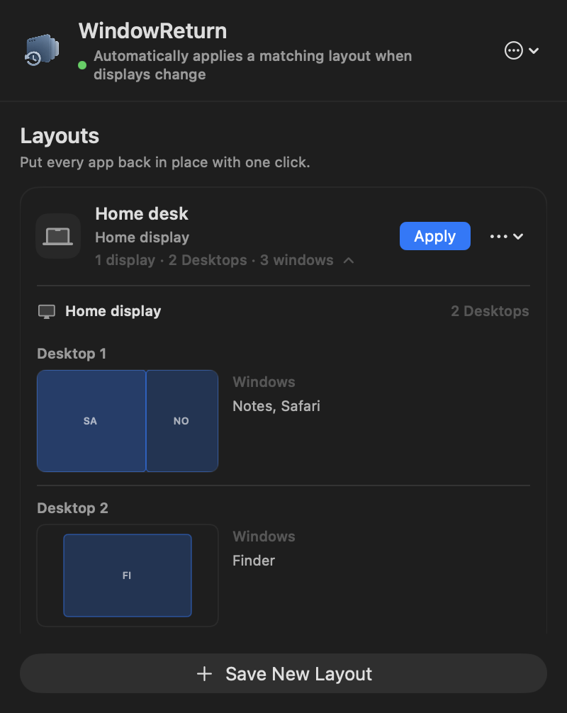 Home desk layout expanded in WindowReturn: Safari and Notes are side by side on Desktop 1, with Finder centered on Desktop 2.