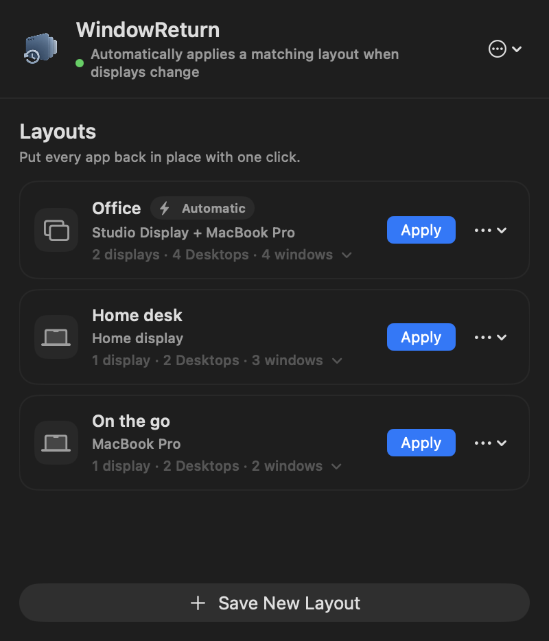WindowReturn showing Office, Home desk, and On the go layouts. Office is marked Automatic, with two displays and four Desktops.