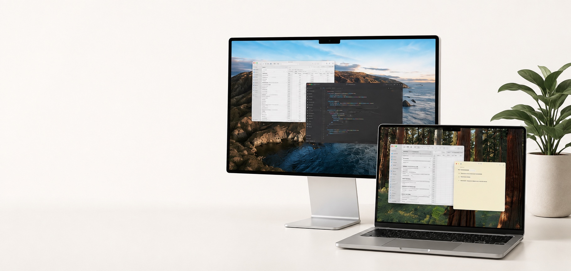 Illustrative desktop monitor and laptop with arranged windows.